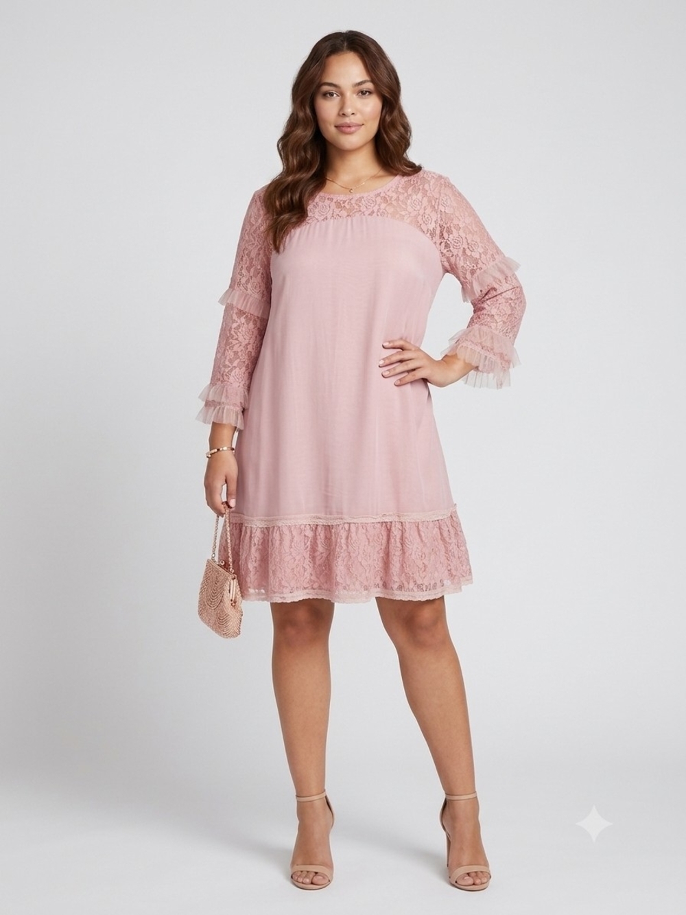 Paisley Vine Romantic Lace-Trim Pink Mini Dress